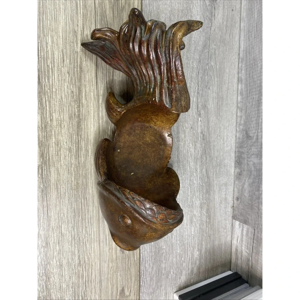 Japanese Fish Bowl Sculpture, Vintage Resin Wood‎ Look Koi Candle Holder